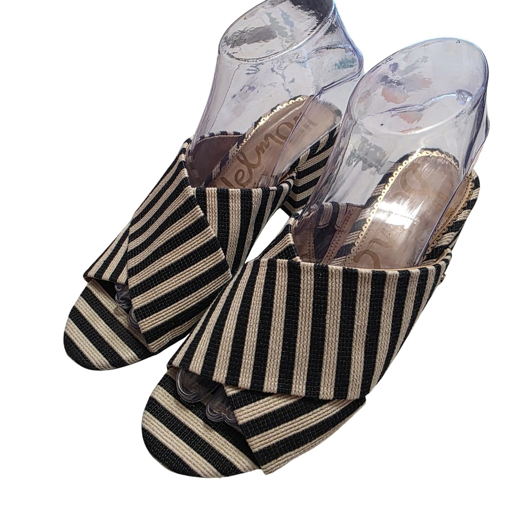 Sam Edelman Stanley Striped Block Heel Mules Black Ivory Fabric Slides 6M